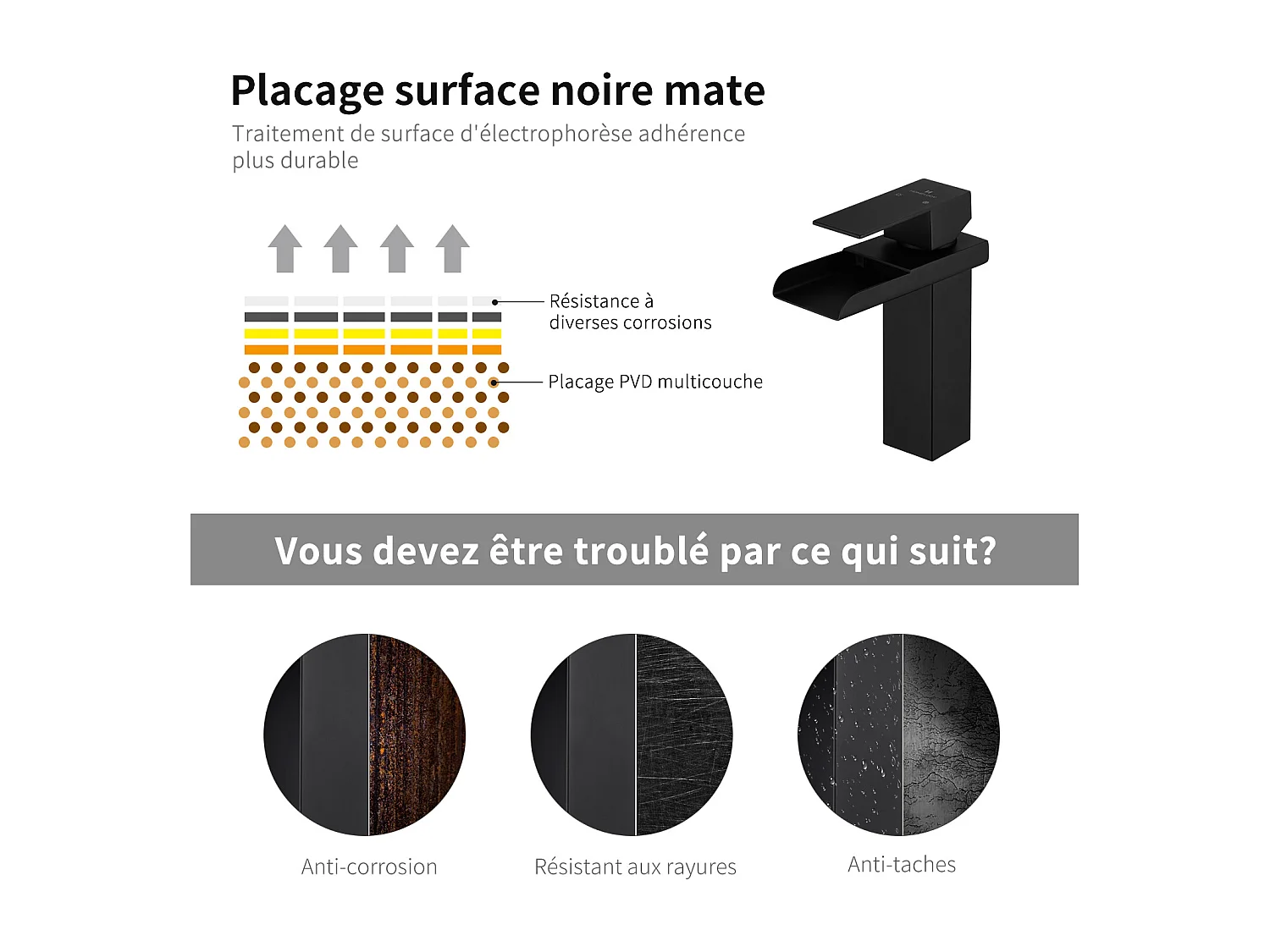 Robinet de Lavabo Cascade Mitigeur de Lavabo Mono-trou Robinetterie Lave-mains Monocommande en Acier Inox Robinet Salle de Bain Noir