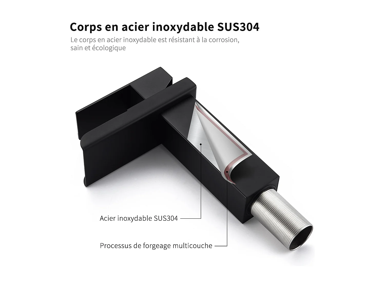 Robinet de Lavabo Cascade Mitigeur de Lavabo Mono-trou Robinetterie Lave-mains Monocommande en Acier Inox Robinet Salle de Bain Noir