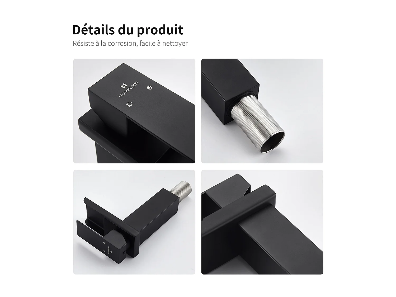 Robinet de Lavabo Cascade Mitigeur de Lavabo Mono-trou Robinetterie Lave-mains Monocommande en Acier Inox Robinet Salle de Bain Noir