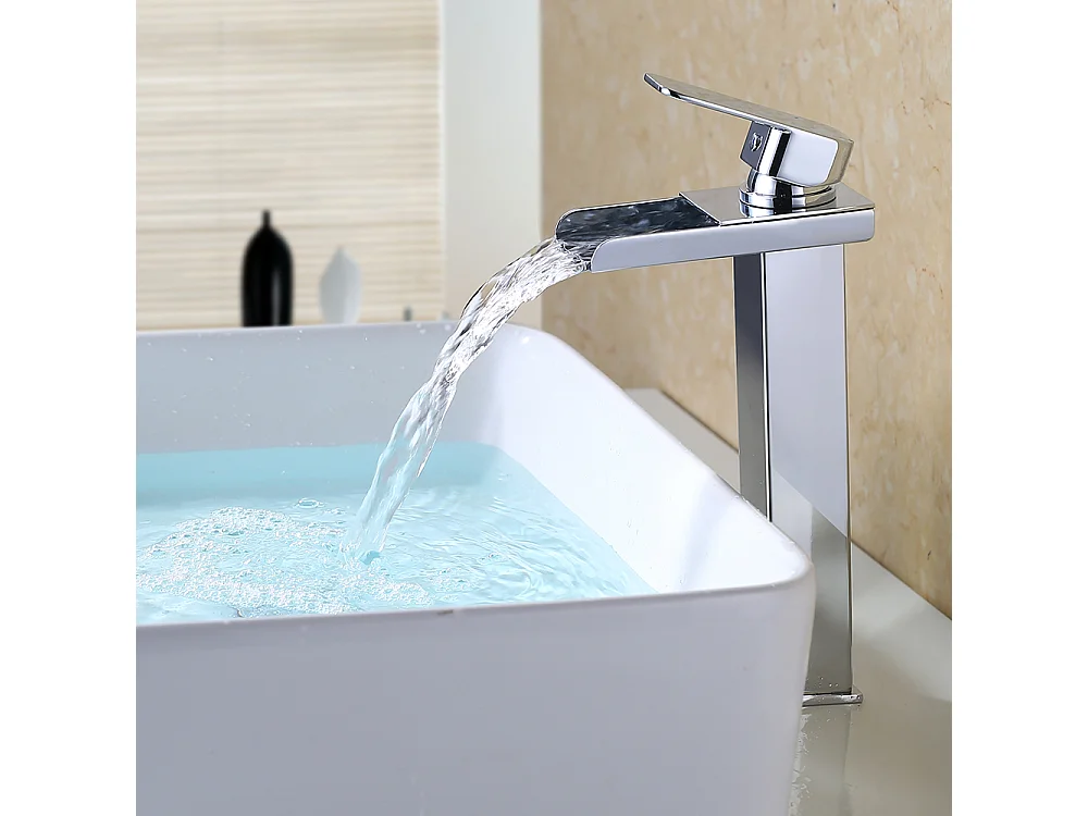 Robinet Salle de Bain Cascade Haut Mitigeur pour Vasque Chromé Robinet Design Moderne Corps en Acier Inox