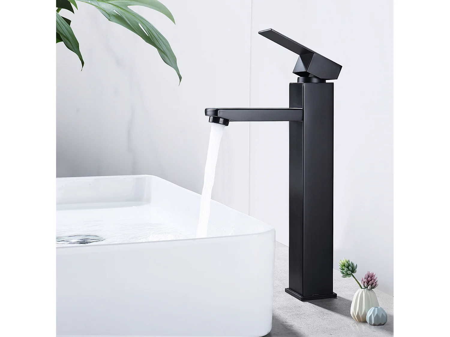 Noir Robinet Salle de Bain Haut Mitigeur Salle Bain pour Vasque Robinet de Lavabo avec Poignée Carré Design Moderne