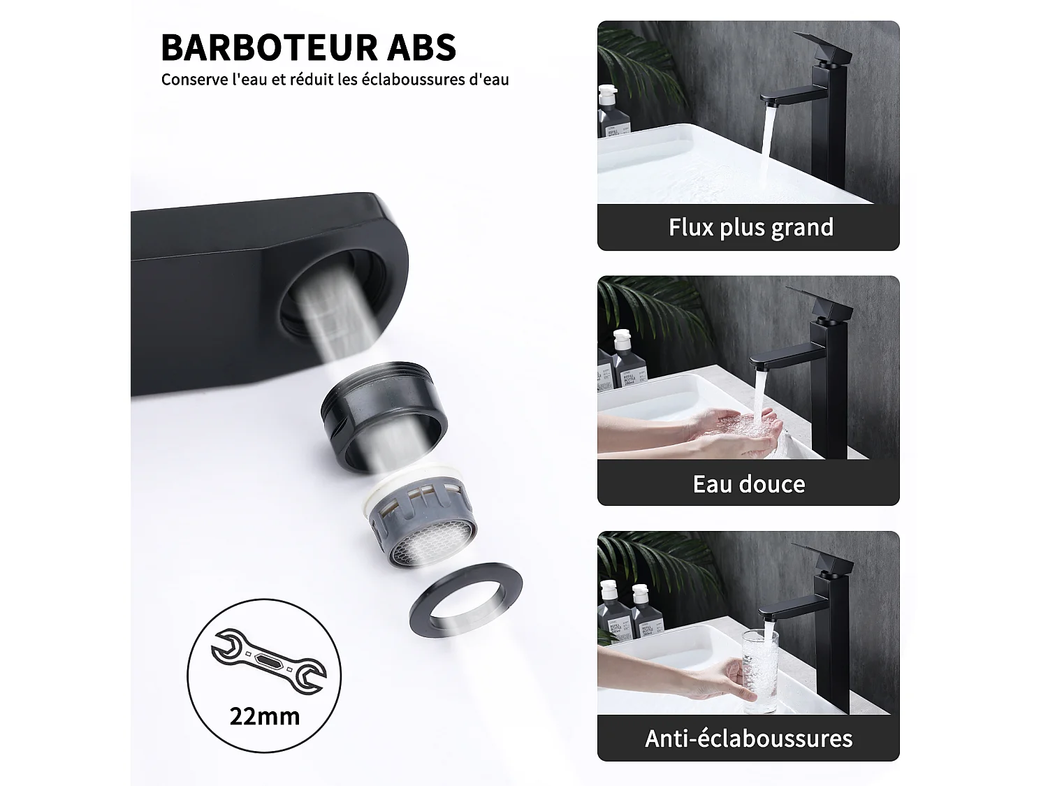 Noir Robinet Salle de Bain Haut Mitigeur Salle Bain pour Vasque Robinet de Lavabo avec Poignée Carré Design Moderne