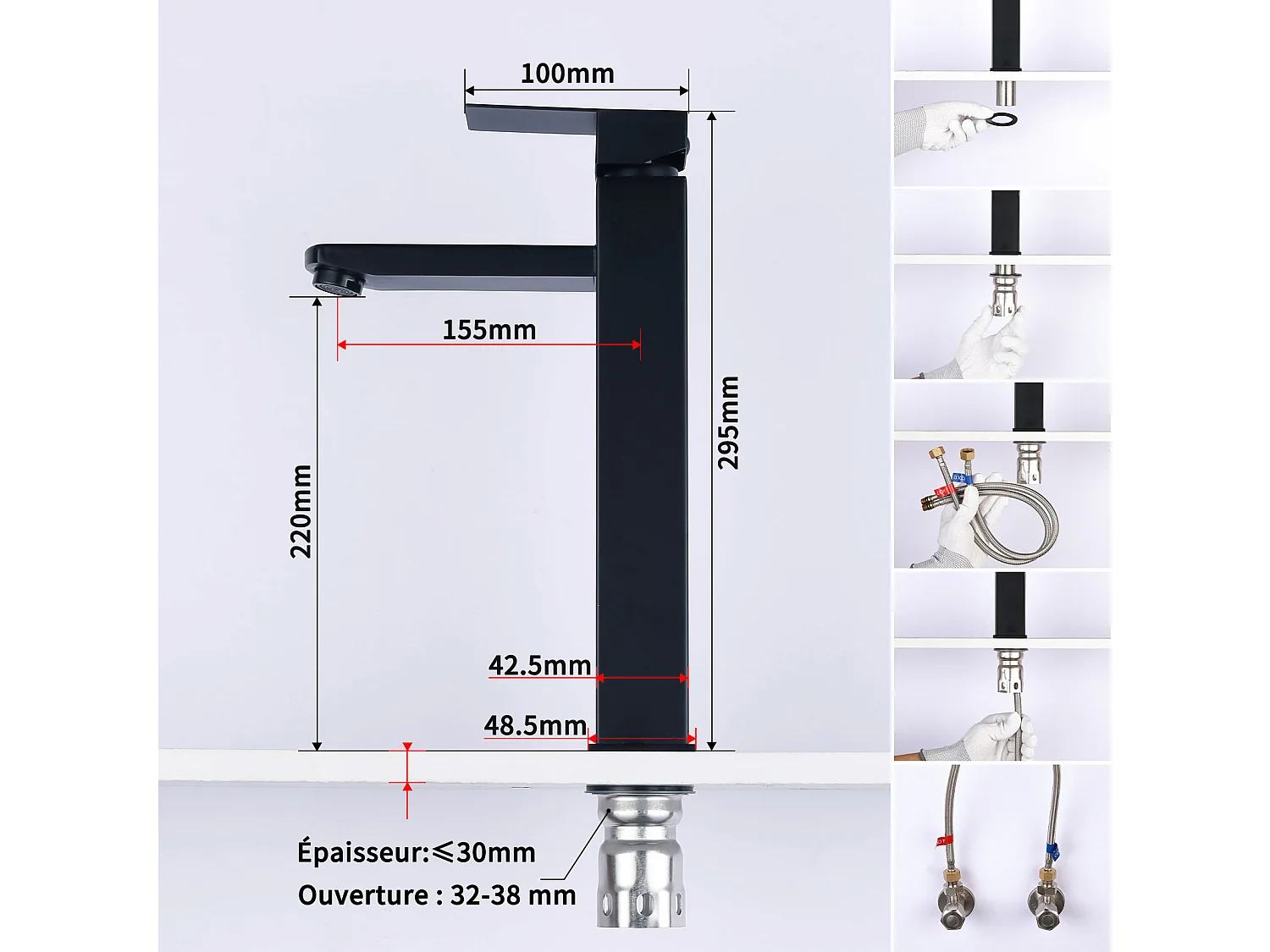 Noir Robinet Salle de Bain Haut Mitigeur Salle Bain pour Vasque Robinet de Lavabo avec Poignée Carré Design Moderne