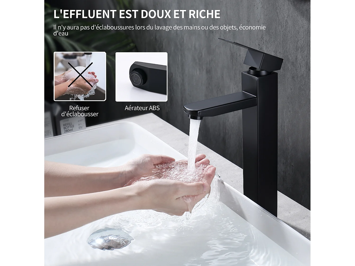 Noir Robinet Salle de Bain Haut Mitigeur Salle Bain pour Vasque Robinet de Lavabo avec Poignée Carré Design Moderne