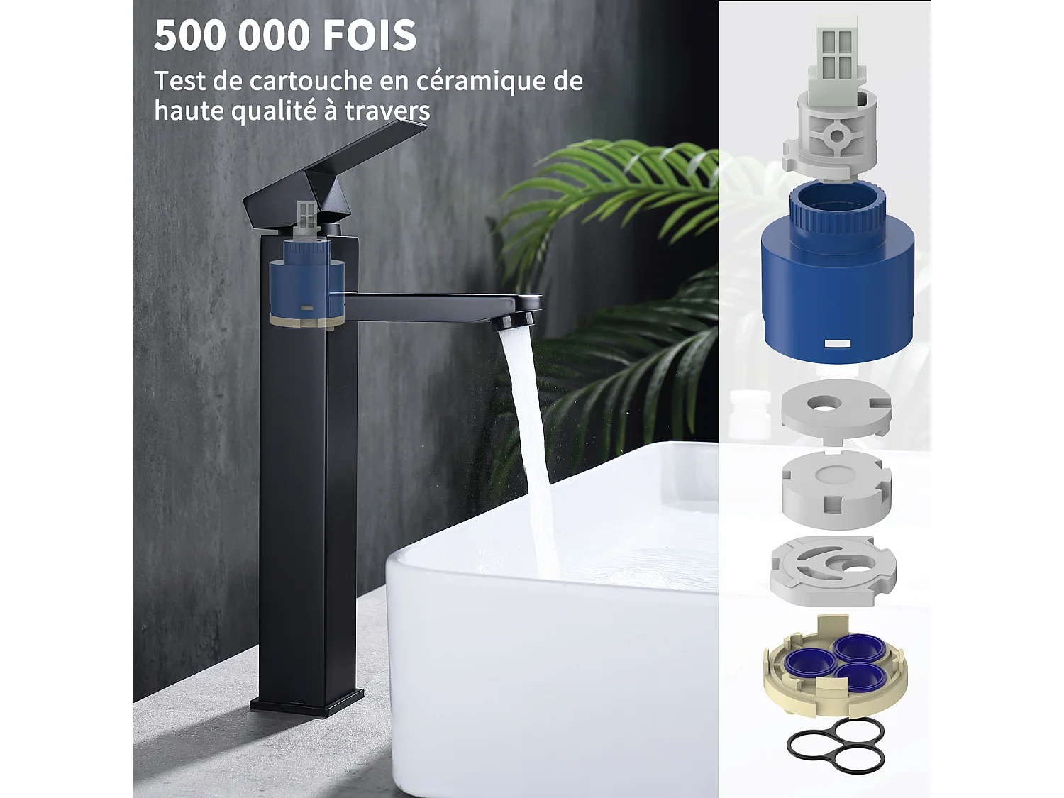 Noir Robinet Salle de Bain Haut Mitigeur Salle Bain pour Vasque Robinet de Lavabo avec Poignée Carré Design Moderne