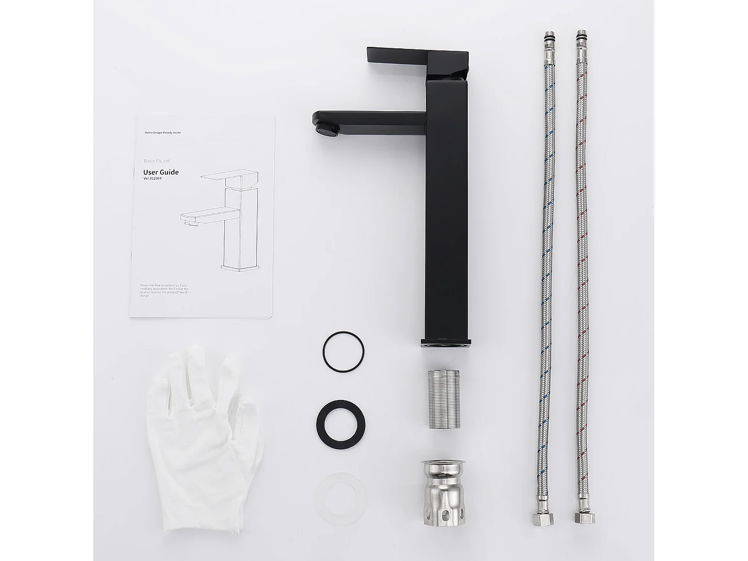 Noir Robinet Salle de Bain Haut Mitigeur Salle Bain pour Vasque Robinet de Lavabo avec Poignée Carré Design Moderne