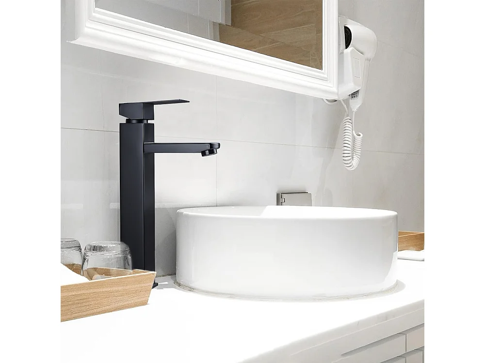 Noir Robinet Salle de Bain Haut Mitigeur Salle Bain pour Vasque Robinet de Lavabo avec Poignée Carré Design Moderne