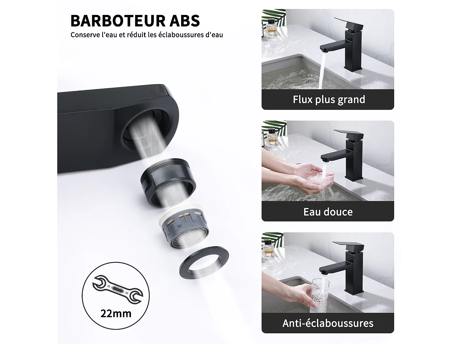 2x Robinet Salle Bain Noir acier inoxidable avec Poignée Carrée Mitigeur lavabo Eau Froide Chaude Disponible Robinetterie Lave Mains Démontable