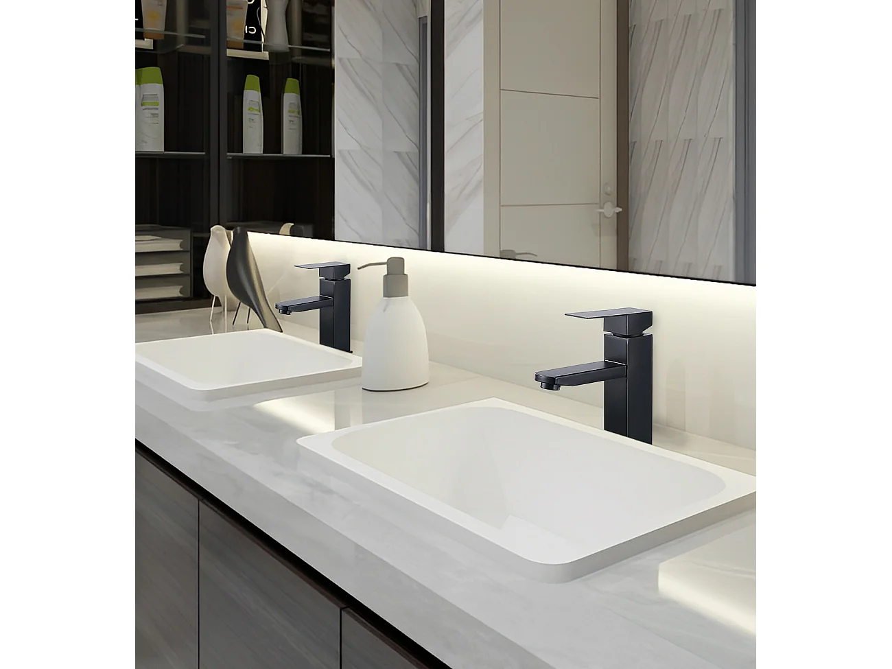 2x Robinet Salle Bain Noir acier inoxidable avec Poignée Carrée Mitigeur lavabo Eau Froide Chaude Disponible Robinetterie Lave Mains Démontable