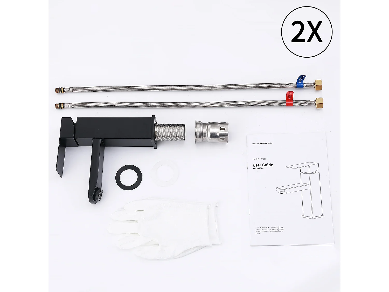 2x Robinet Salle Bain Noir acier inoxidable avec Poignée Carrée Mitigeur lavabo Eau Froide Chaude Disponible Robinetterie Lave Mains Démontable