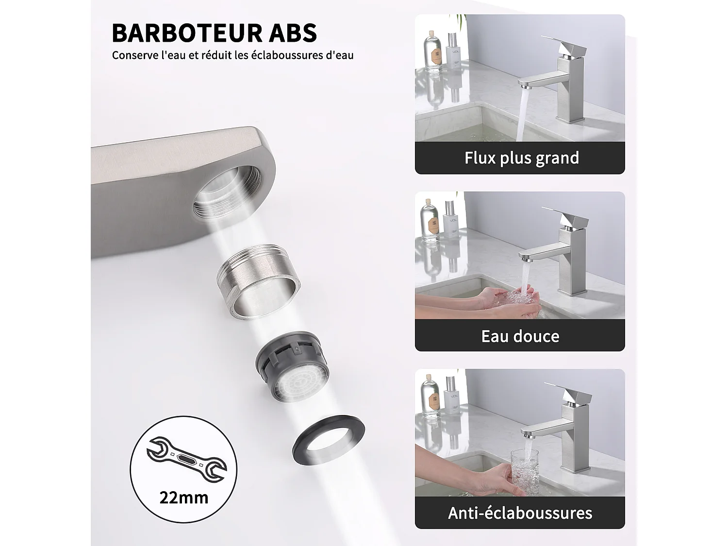 Robinet Salle Bain Carrée Mitigeur de lavabo Eau Froide Chaude Disponible Robinet Lavabo en Acier Inoxydable  Mousseur Démontable