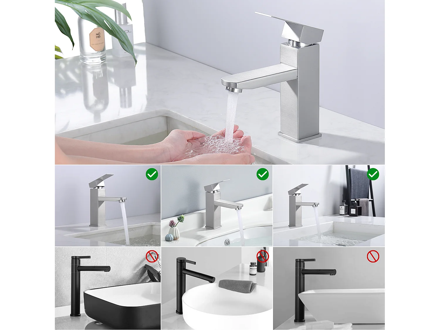 Robinet Salle Bain Carrée Mitigeur de lavabo Eau Froide Chaude Disponible Robinet Lavabo en Acier Inoxydable  Mousseur Démontable