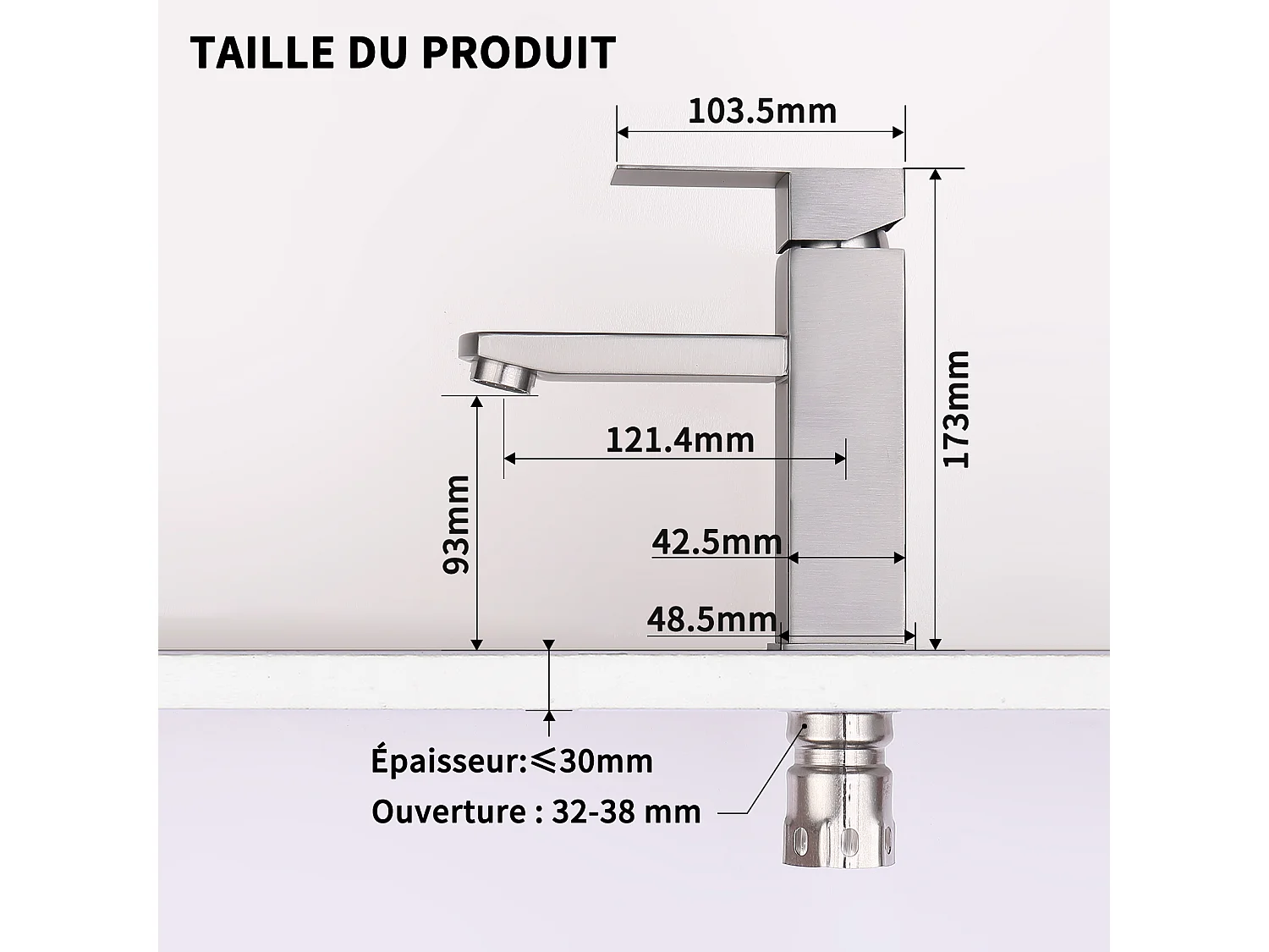 Robinet Salle Bain Carrée Mitigeur de lavabo Eau Froide Chaude Disponible Robinet Lavabo en Acier Inoxydable  Mousseur Démontable