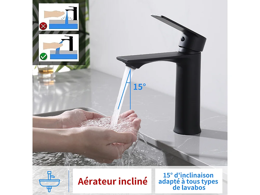 Robinet Salle de Bain Mitigeur Lavabo Noir Mono-trou Robinetterie Lave-mains pour Salle de Bain en Acier Inox Design Elégant