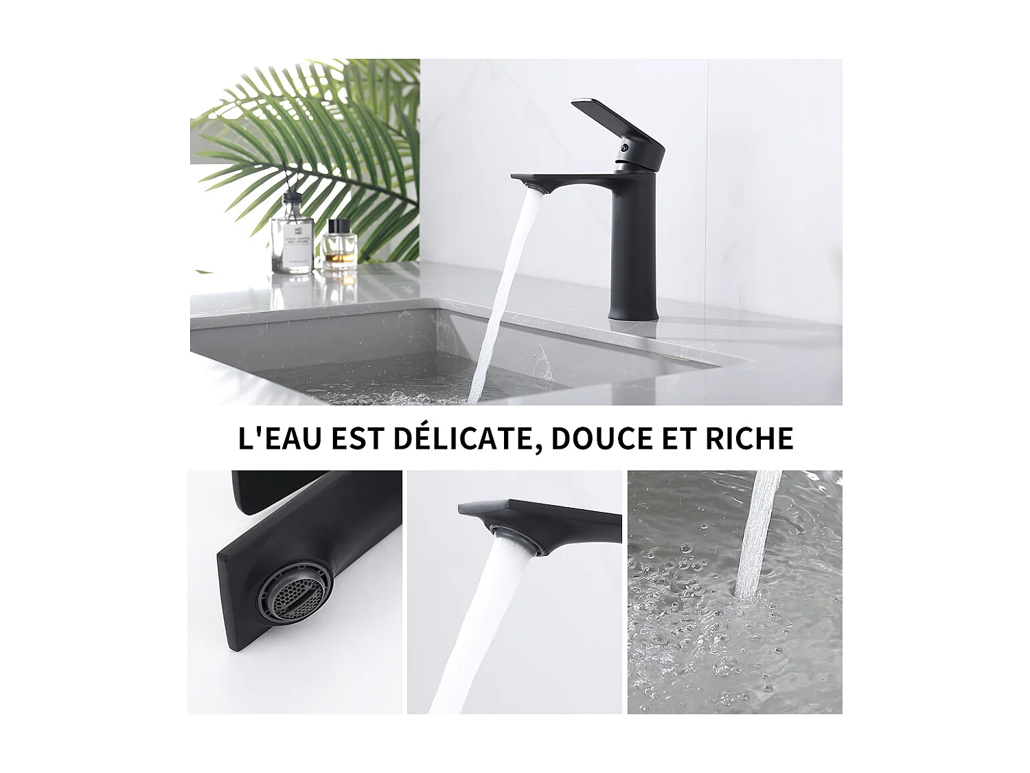 Robinet Salle de Bain Mitigeur Lavabo Noir Mono-trou Robinetterie Lave-mains pour Salle de Bain en Acier Inox Design Elégant