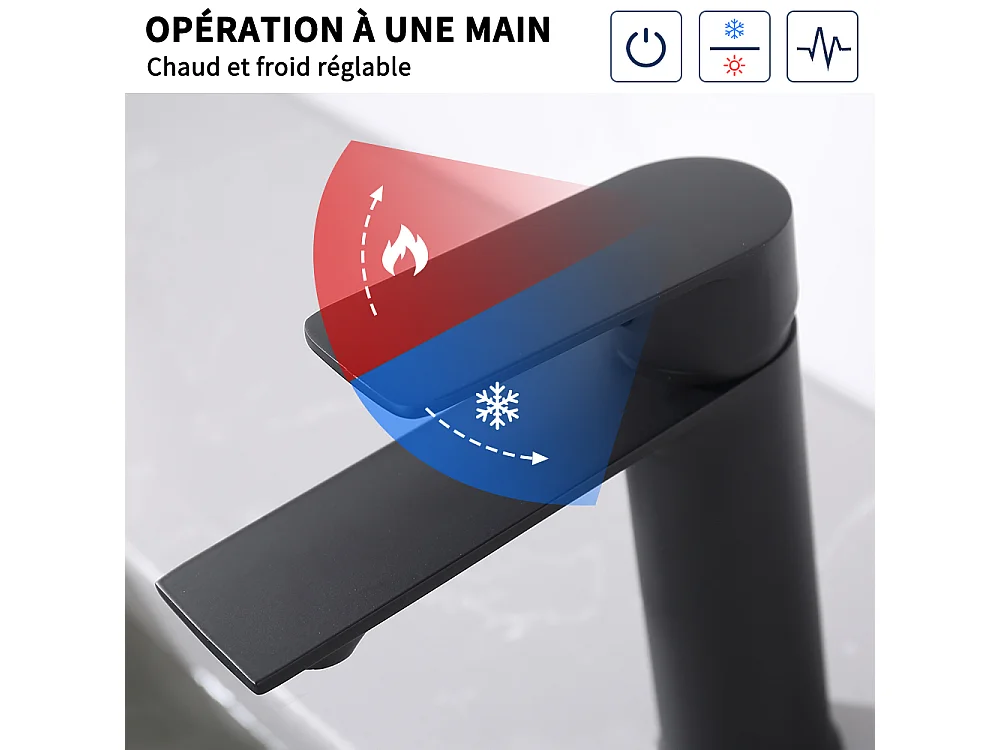 Robinet Salle de Bain Mitigeur Lavabo Noir Mono-trou Robinetterie Lave-mains pour Salle de Bain en Acier Inox Design Elégant