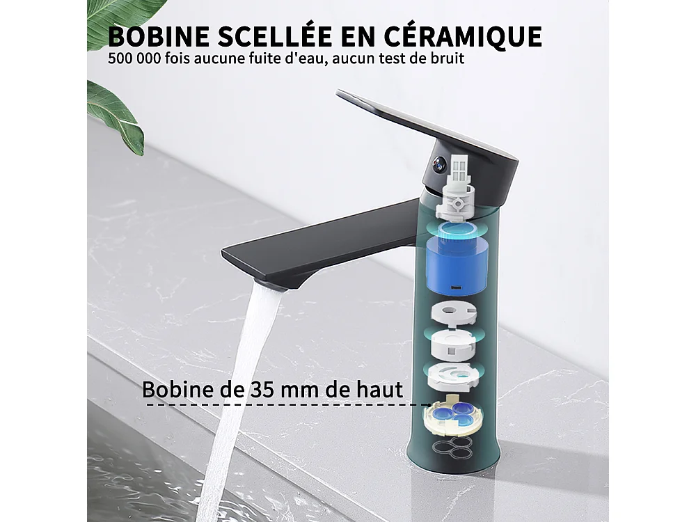 Robinet Salle de Bain Mitigeur Lavabo Noir Mono-trou Robinetterie Lave-mains pour Salle de Bain en Acier Inox Design Elégant
