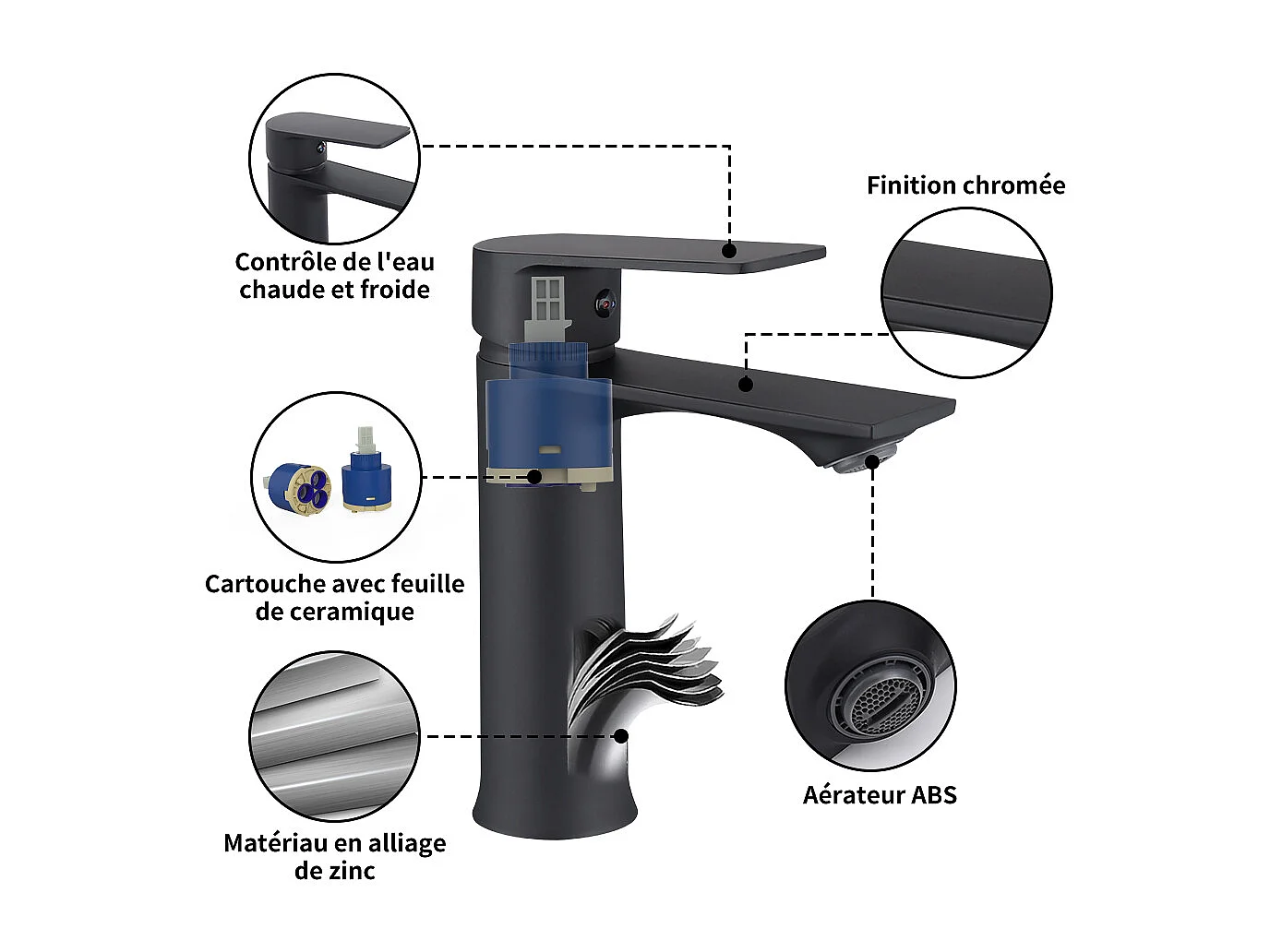 Robinet Salle de Bain Mitigeur Lavabo Noir Mono-trou Robinetterie Lave-mains pour Salle de Bain en Acier Inox Design Elégant