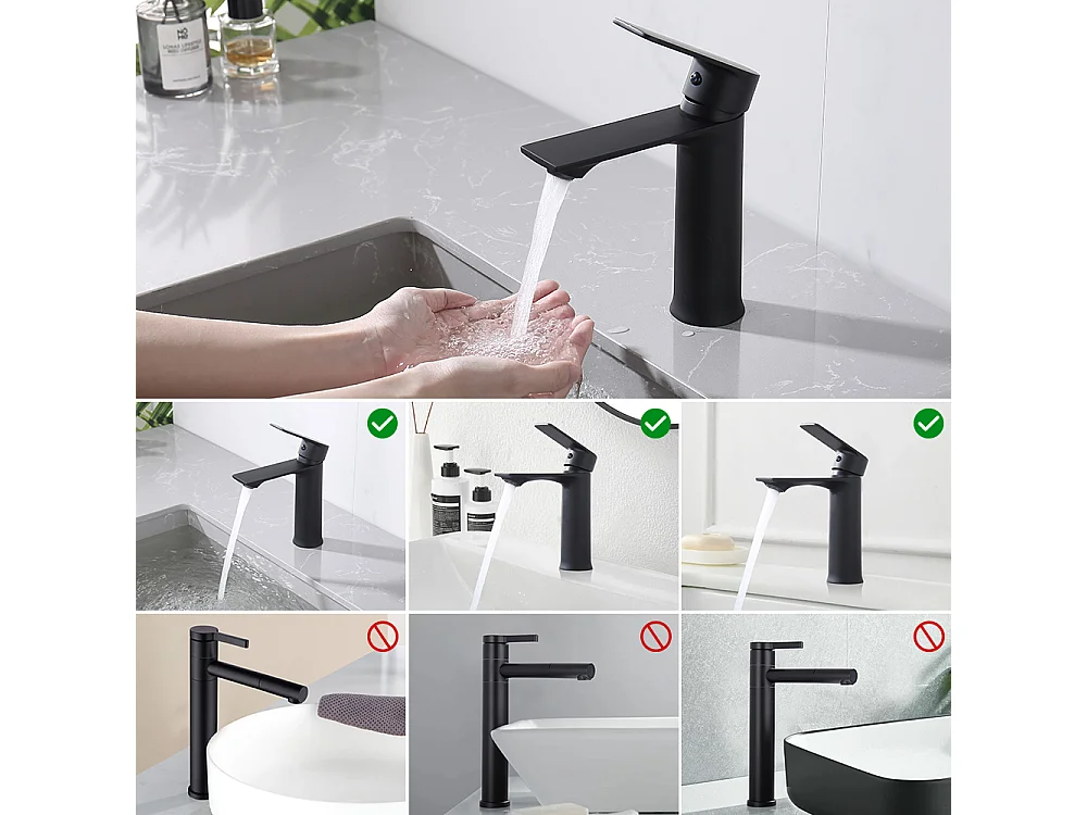 Robinet Salle de Bain Mitigeur Lavabo Noir Mono-trou Robinetterie Lave-mains pour Salle de Bain en Acier Inox Design Elégant