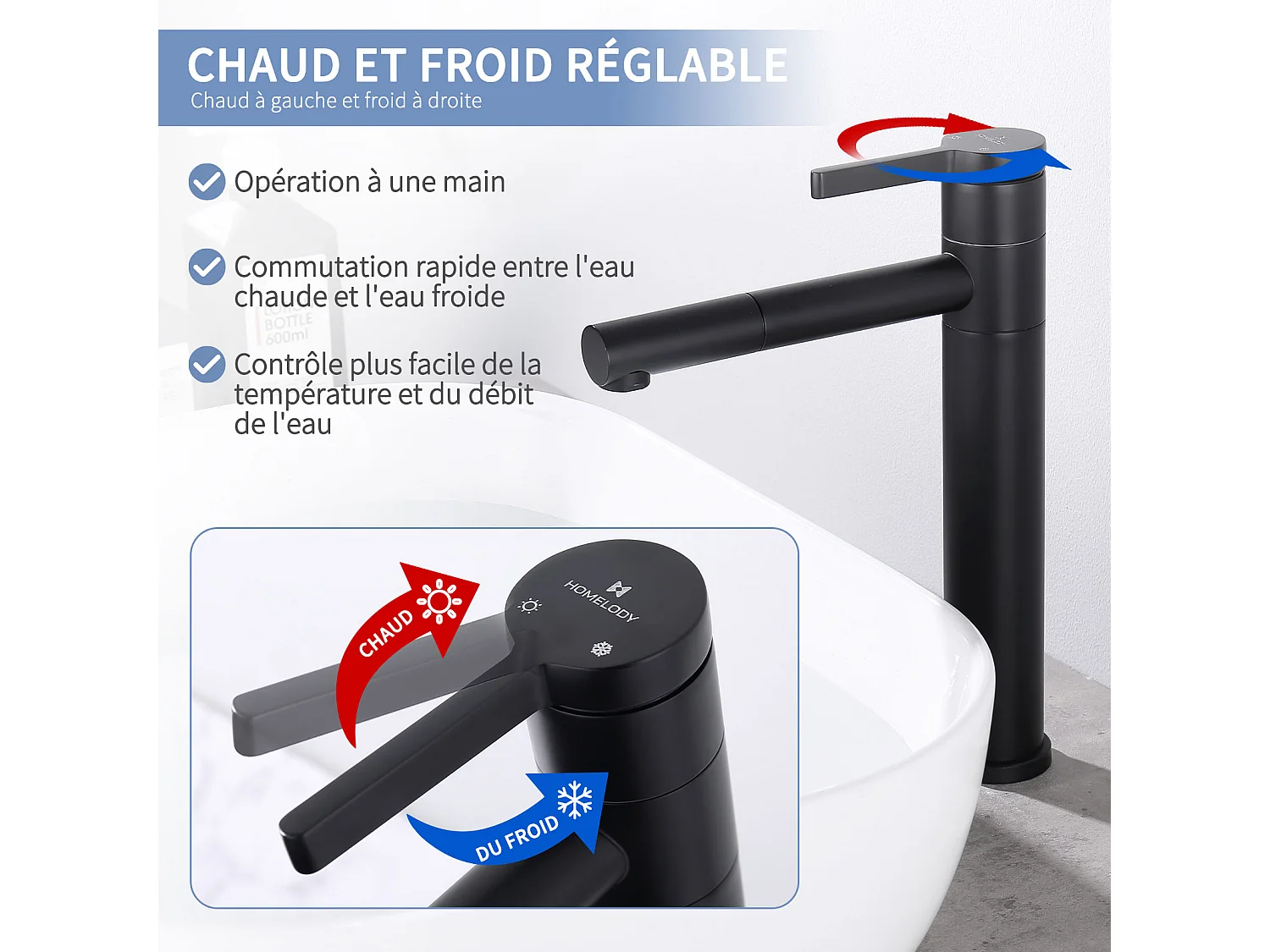 Noir Robinet Salle de Bain Mitigeur pour Vasque Haut Bec Pivotant 360°  Robinetterie de Lavabo en Acier Inox Design Moderne