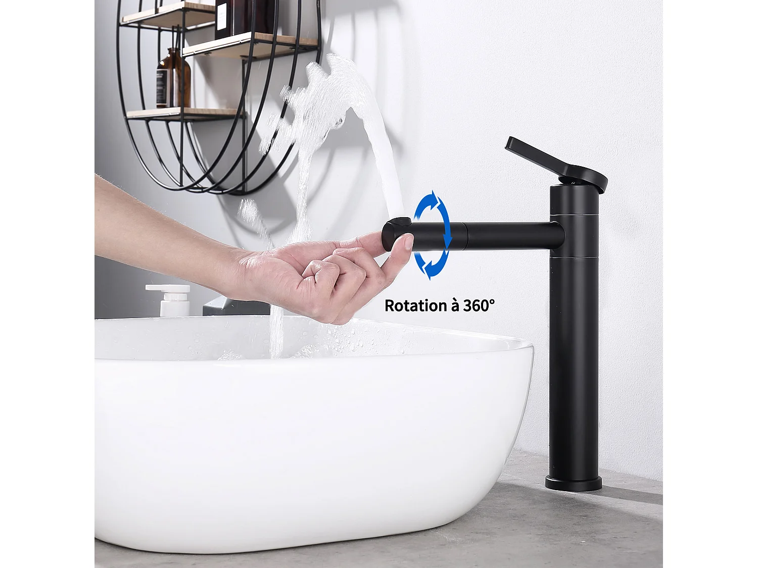 Noir Robinet Salle de Bain Mitigeur pour Vasque Haut Bec Pivotant 360°  Robinetterie de Lavabo en Acier Inox Design Moderne