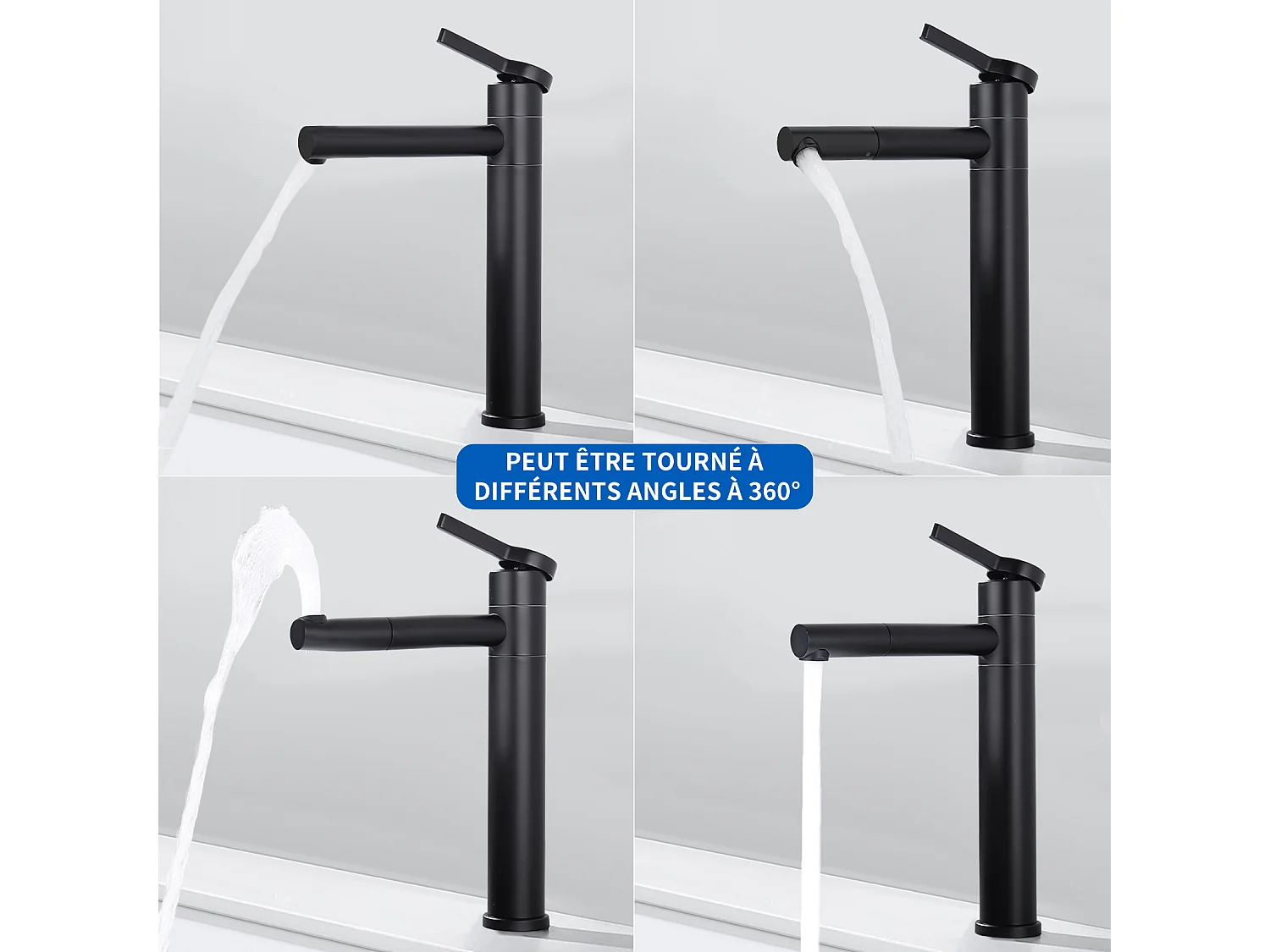 Noir Robinet Salle de Bain Mitigeur pour Vasque Haut Bec Pivotant 360°  Robinetterie de Lavabo en Acier Inox Design Moderne