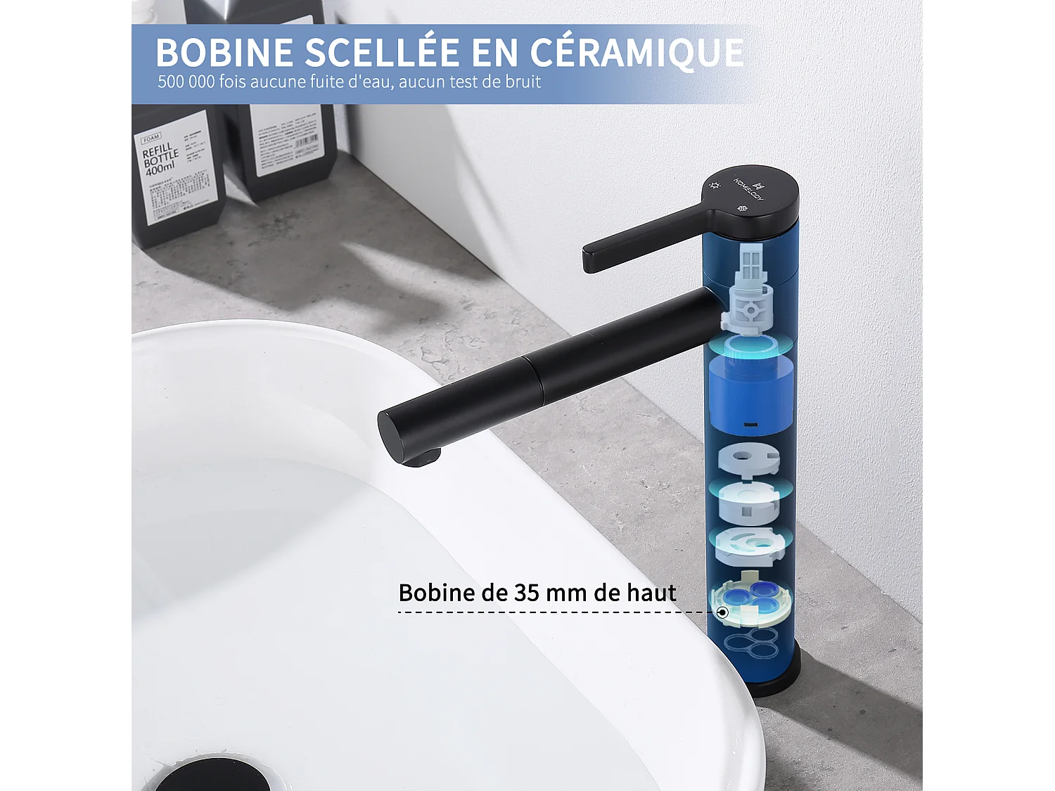 Noir Robinet Salle de Bain Mitigeur pour Vasque Haut Bec Pivotant 360°  Robinetterie de Lavabo en Acier Inox Design Moderne