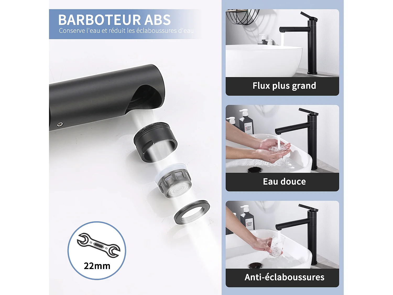 Noir Robinet Salle de Bain Mitigeur pour Vasque Haut Bec Pivotant 360°  Robinetterie de Lavabo en Acier Inox Design Moderne