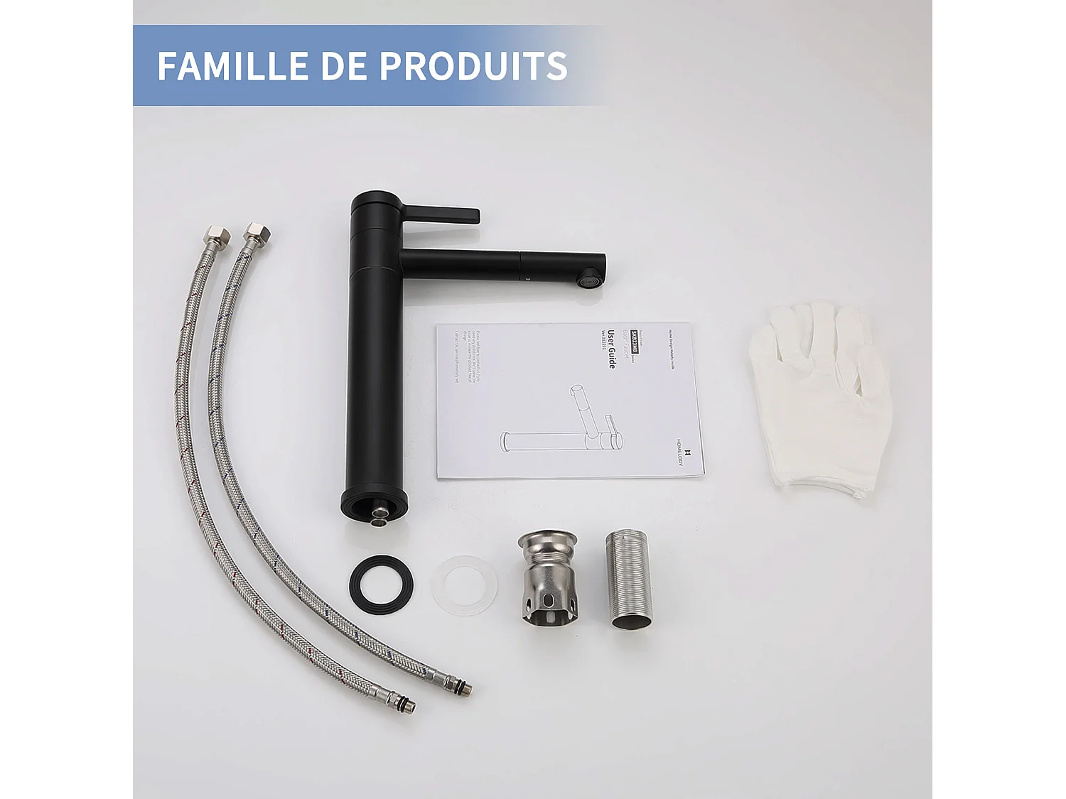 Noir Robinet Salle de Bain Mitigeur pour Vasque Haut Bec Pivotant 360°  Robinetterie de Lavabo en Acier Inox Design Moderne