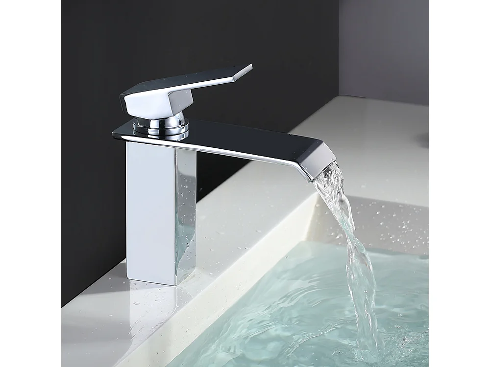Robinet Salle de Bain Cascade Robinet de Lavabo en Laiton Mitigeur de Salle de Bain Chromé Forme Carré