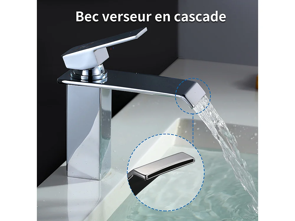 Robinet Salle de Bain Cascade Robinet de Lavabo en Laiton Mitigeur de Salle de Bain Chromé Forme Carré