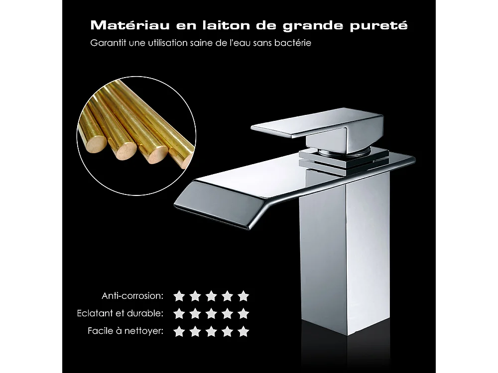 Robinet Salle de Bain Cascade Robinet de Lavabo en Laiton Mitigeur de Salle de Bain Chromé Forme Carré