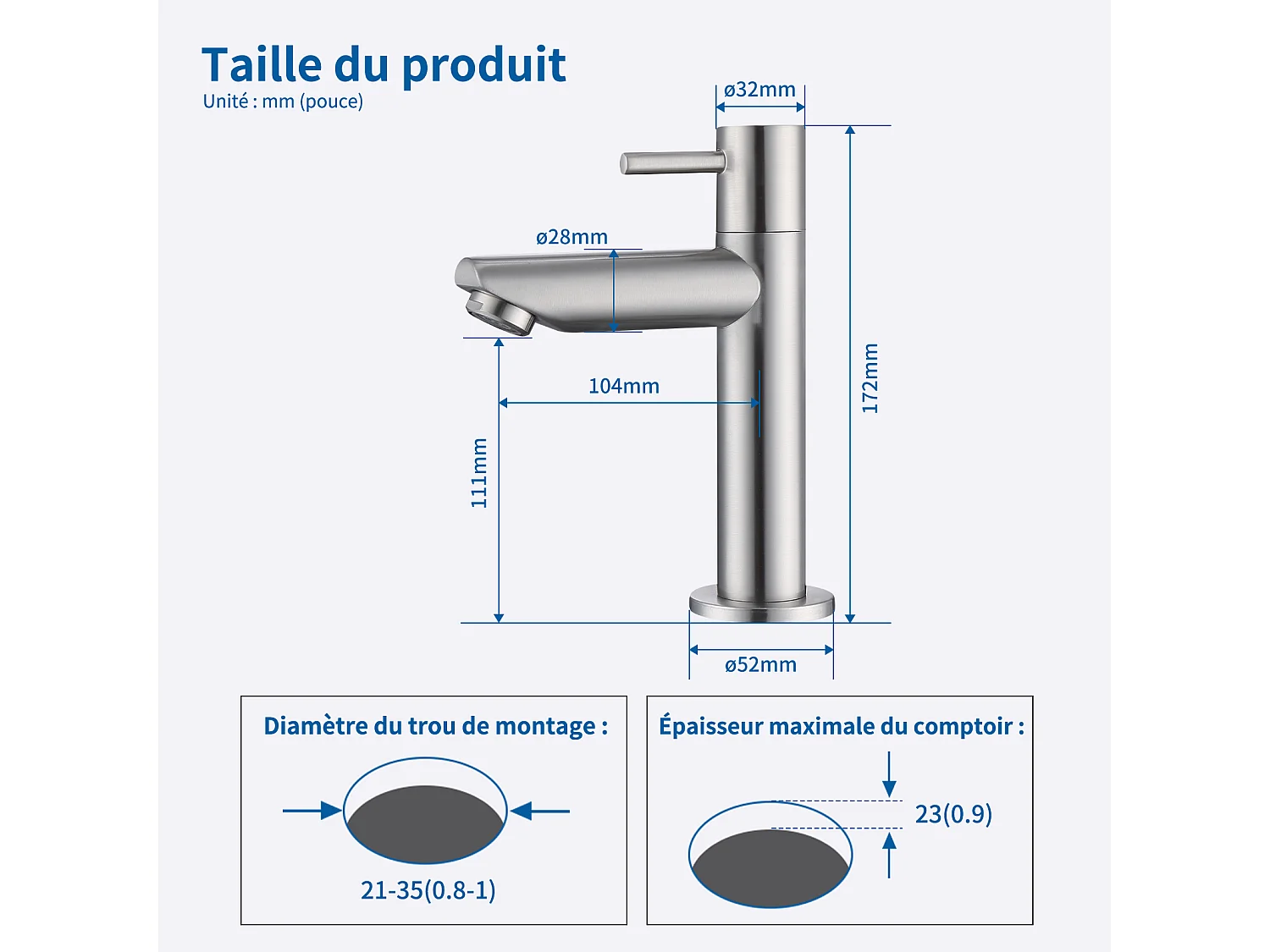 Robinet de Lavabo Eau Froide Uniquement Robinet de Lave-mains Robinet Salle de Bain Robinetterie pour Toilettes Invités