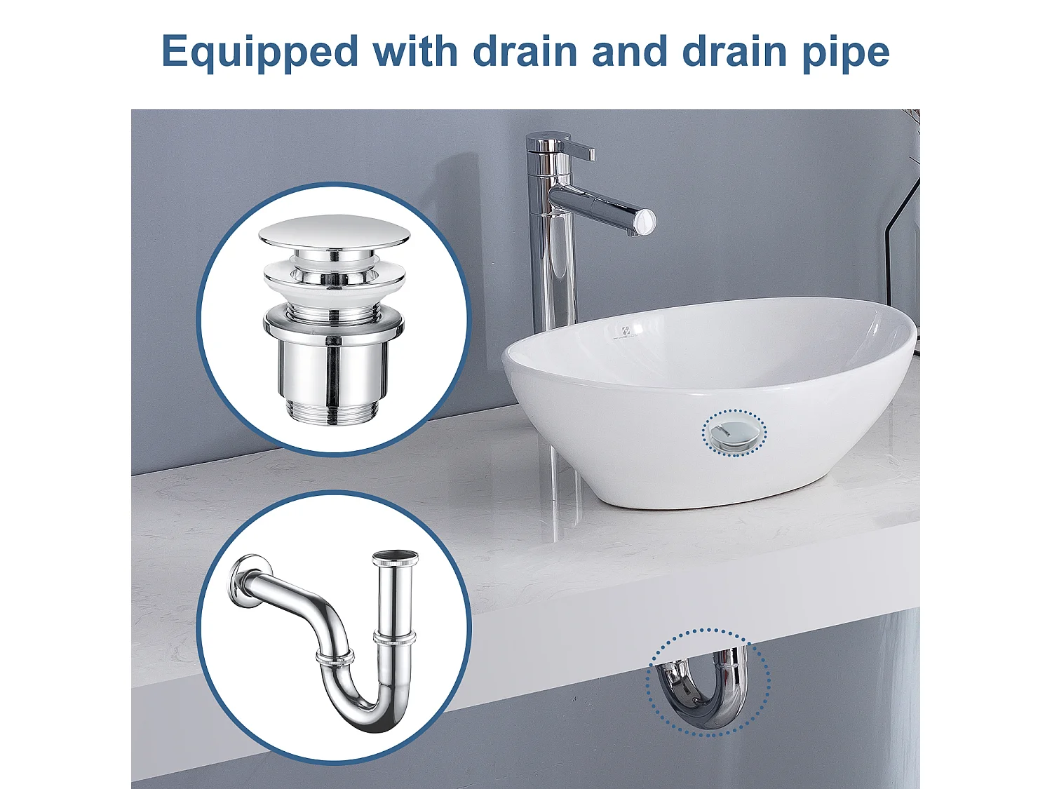 Vasque à Poser Ovale évier de salle de bain en Céramique 41x34 cm, Lavabo blanc avec Bonde Siphon