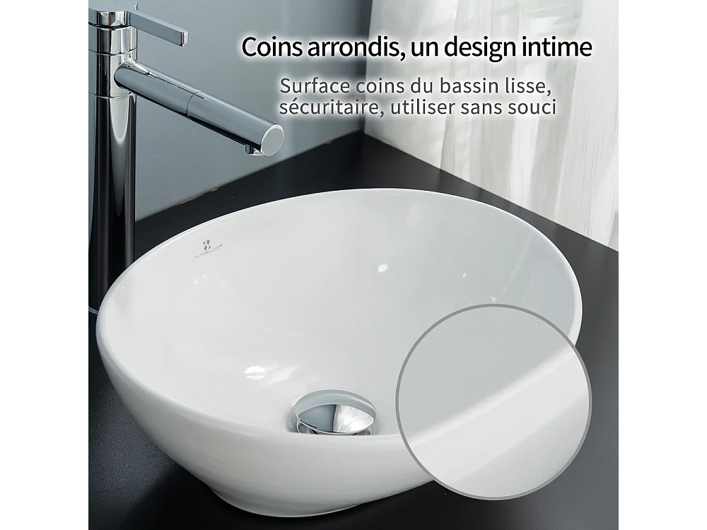 Vasque à Poser Ovale évier de salle de bain en Céramique 41x34 cm, Lavabo blanc avec Bonde Siphon