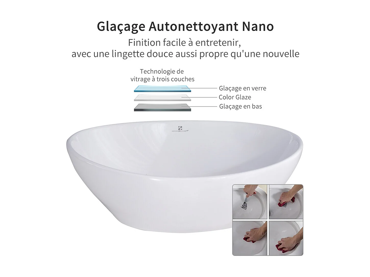 Vasque à Poser Ovale évier de salle de bain en Céramique 41x34 cm, Lavabo blanc avec Bonde Siphon