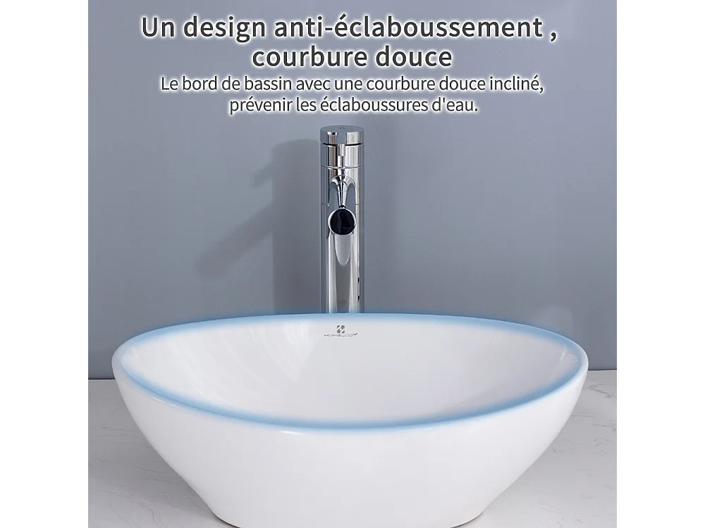 Vasque à Poser Ovale évier de salle de bain en Céramique 41x34 cm, Lavabo blanc avec Bonde Siphon