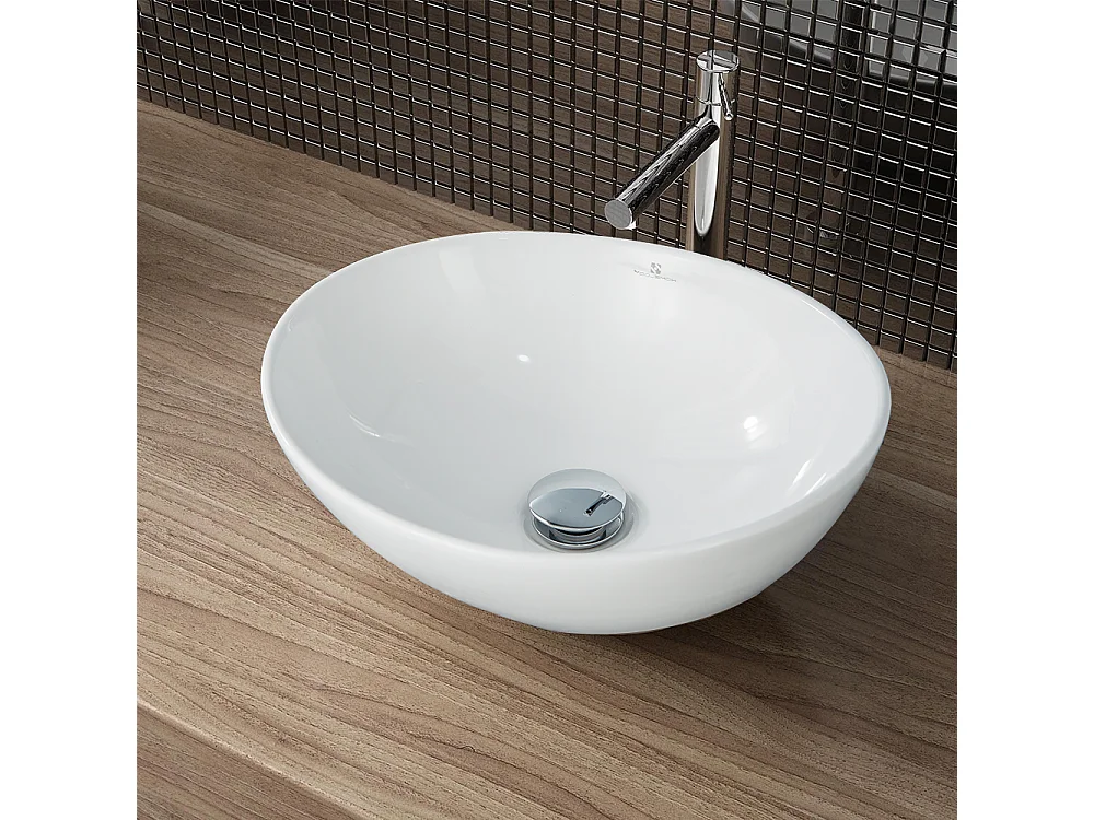 Vasque à Poser Ovale évier de salle de bain en Céramique 41x34 cm, Lavabo blanc avec Bonde Siphon