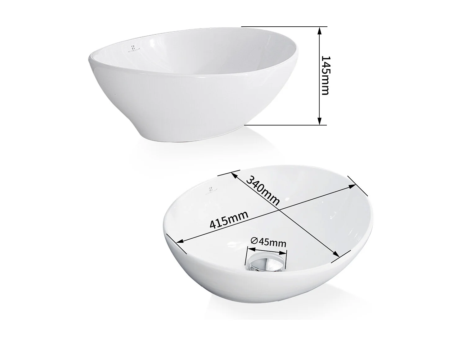 Vasque à Poser Ovale évier de salle de bain en Céramique 41x34 cm, Lavabo blanc avec Bonde Siphon