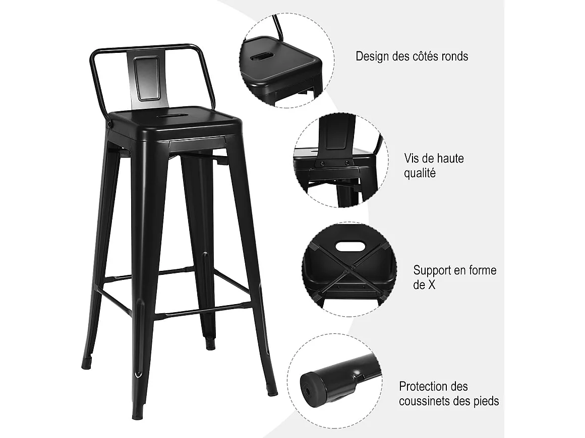 Lot 4 tabourets de bar empilable en métal avec dossier amovible (noir)
