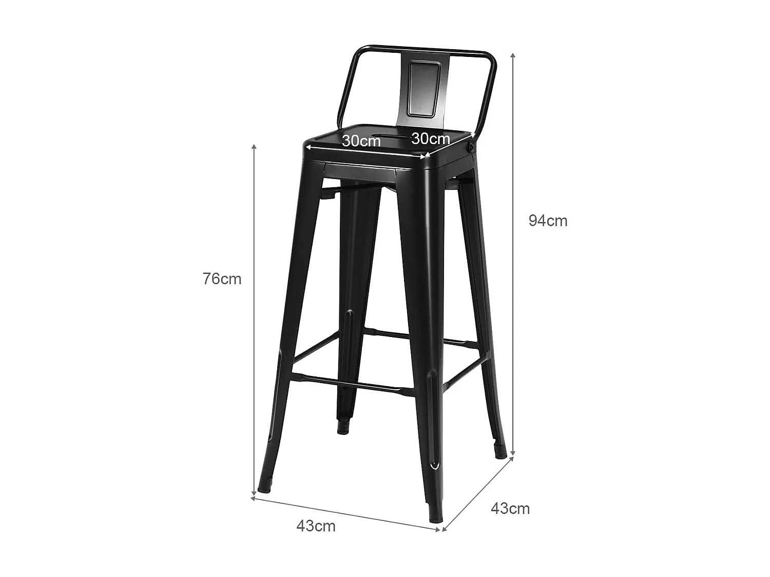 Lot 4 tabourets de bar empilable en métal avec dossier amovible (noir)