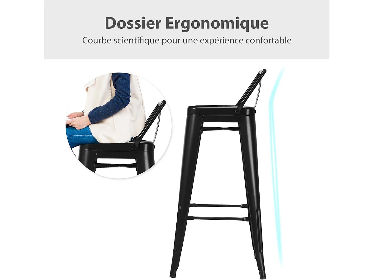 Lot 4 tabourets de bar empilable en métal avec dossier amovible (noir)