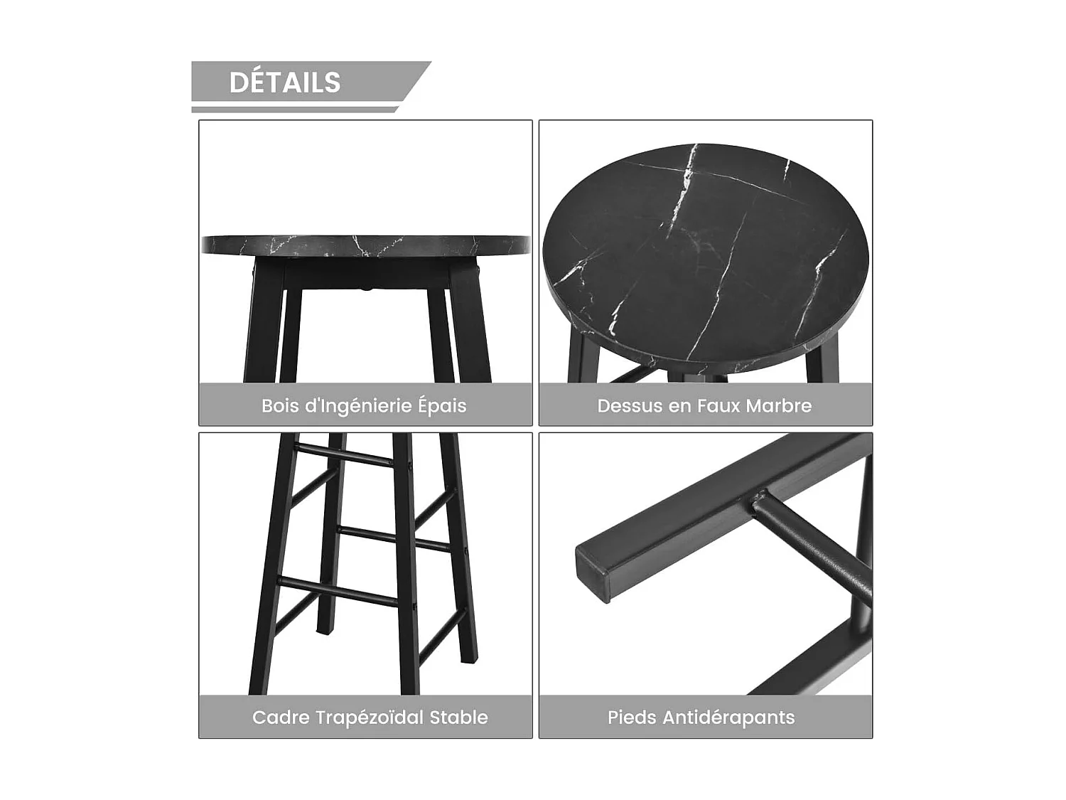 Tabourets de bar lot de 2, chaise de bar industrielle avec repose-pieds (noir)