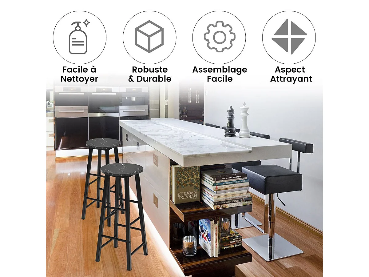 Tabourets de bar lot de 2, chaise de bar industrielle avec repose-pieds (noir)