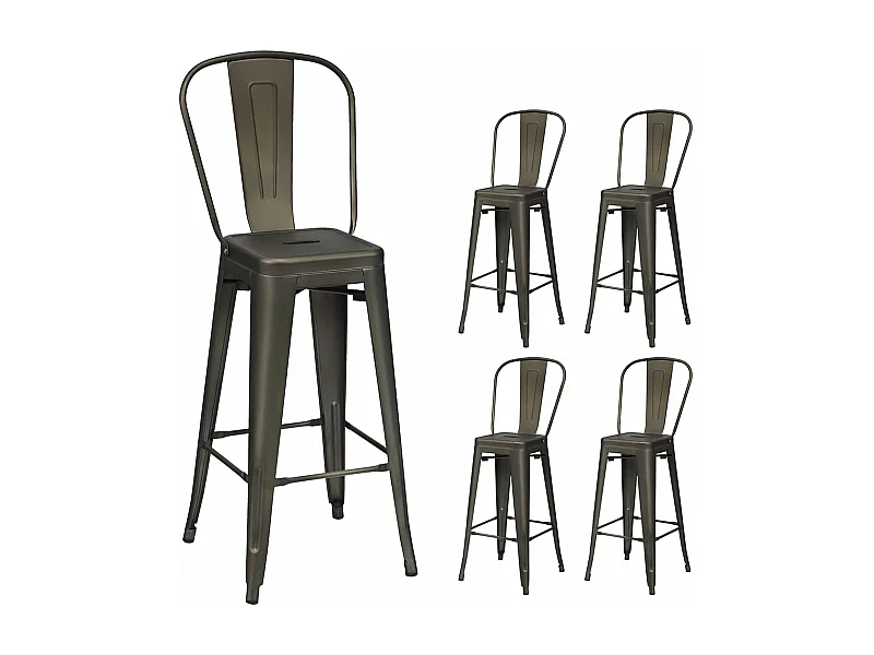 Lot 4 Tabourets de Bar Empilable en Métal avec Dossier Amovible, Hauteur d'Assise 76,5 CM, Pieds en Caoutchouc Antidérapants, Chaise de Bar Tolix pour Bistrot