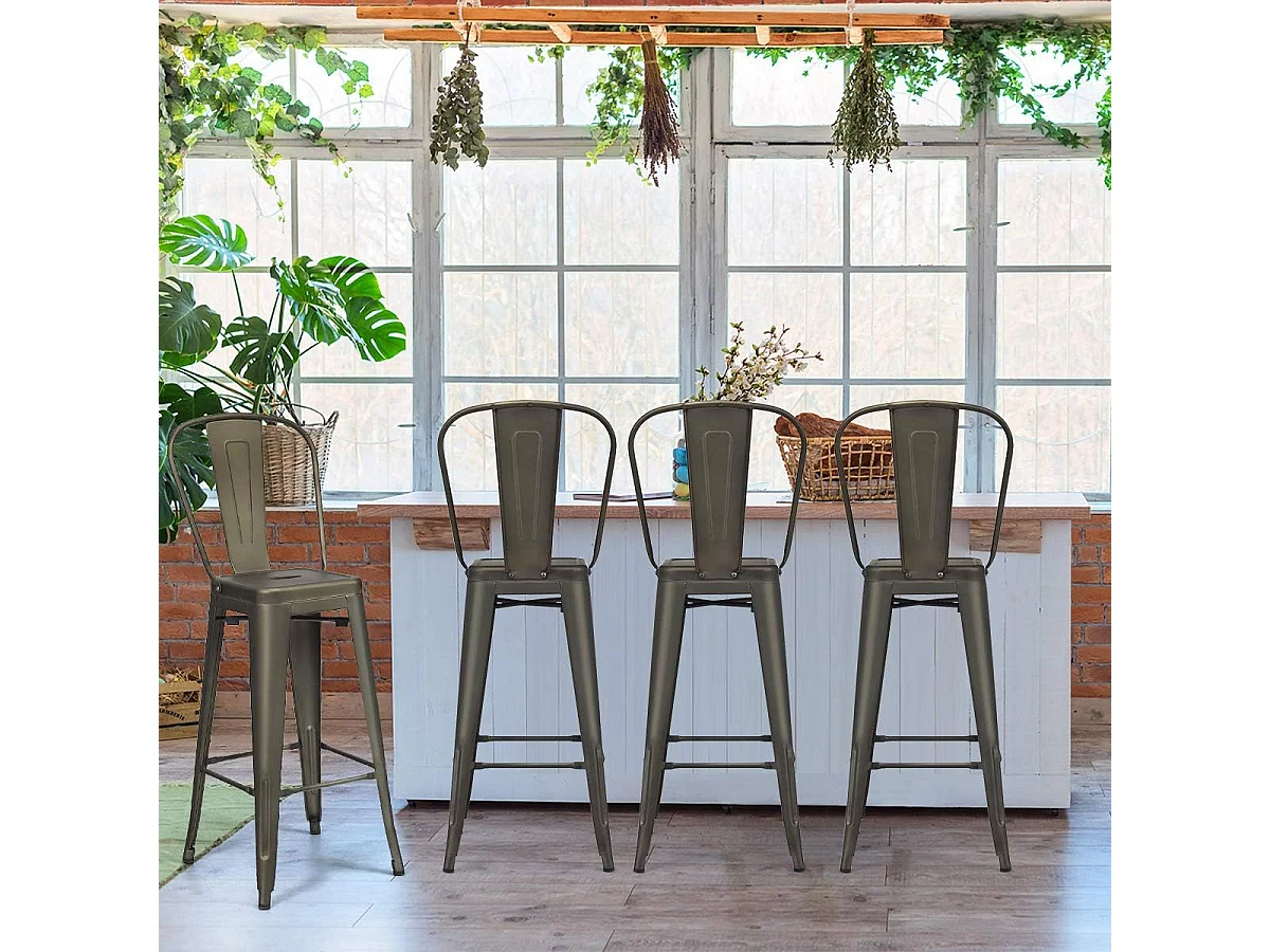 Set van 4 stapelbare metalen barkrukken met afneembare rugleuning, zithoogte 76,5 cm, antislip rubberen voetjes, Tolix barstoel voor bistro, kookeiland, toonbank