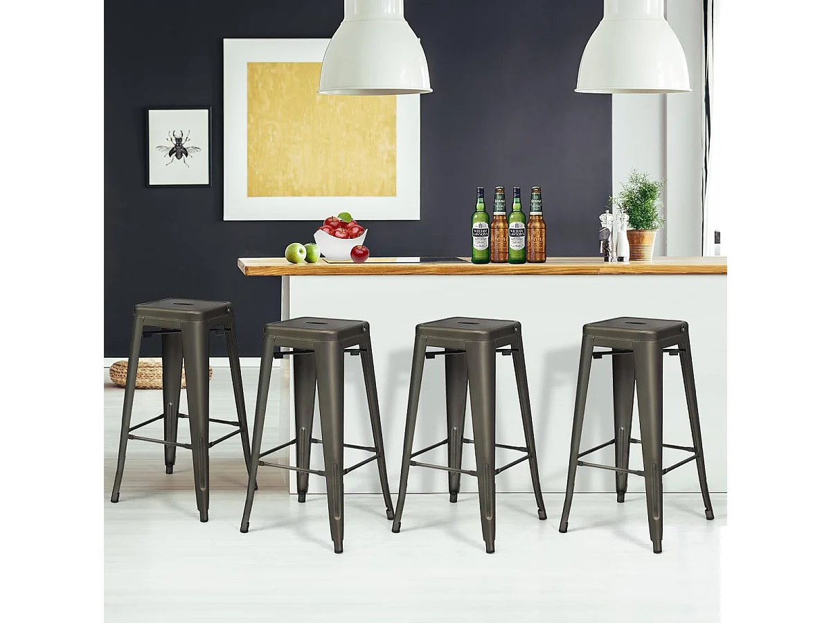 Lot 4 Tabourets de Bar Empilable en Métal avec Dossier Amovible, Hauteur d'Assise 76,5 CM, Pieds en Caoutchouc Antidérapants, Chaise de Bar Tolix pour Bistrot