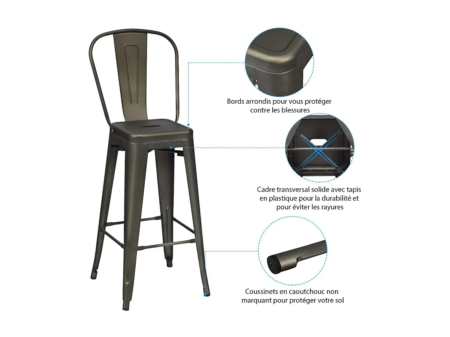 Lot 4 Tabourets de Bar Empilable en Métal avec Dossier Amovible, Hauteur d'Assise 76,5 CM, Pieds en Caoutchouc Antidérapants, Chaise de Bar Tolix pour Bistrot