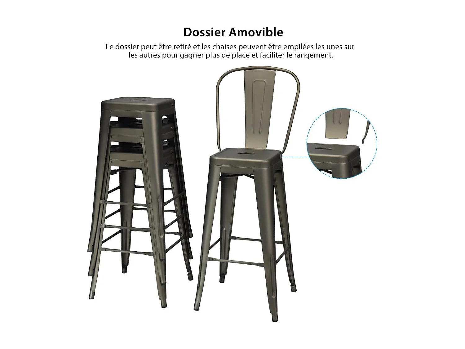 Lot 4 Tabourets de Bar Empilable en Métal avec Dossier Amovible, Hauteur d'Assise 76,5 CM, Pieds en Caoutchouc Antidérapants, Chaise de Bar Tolix pour Bistrot