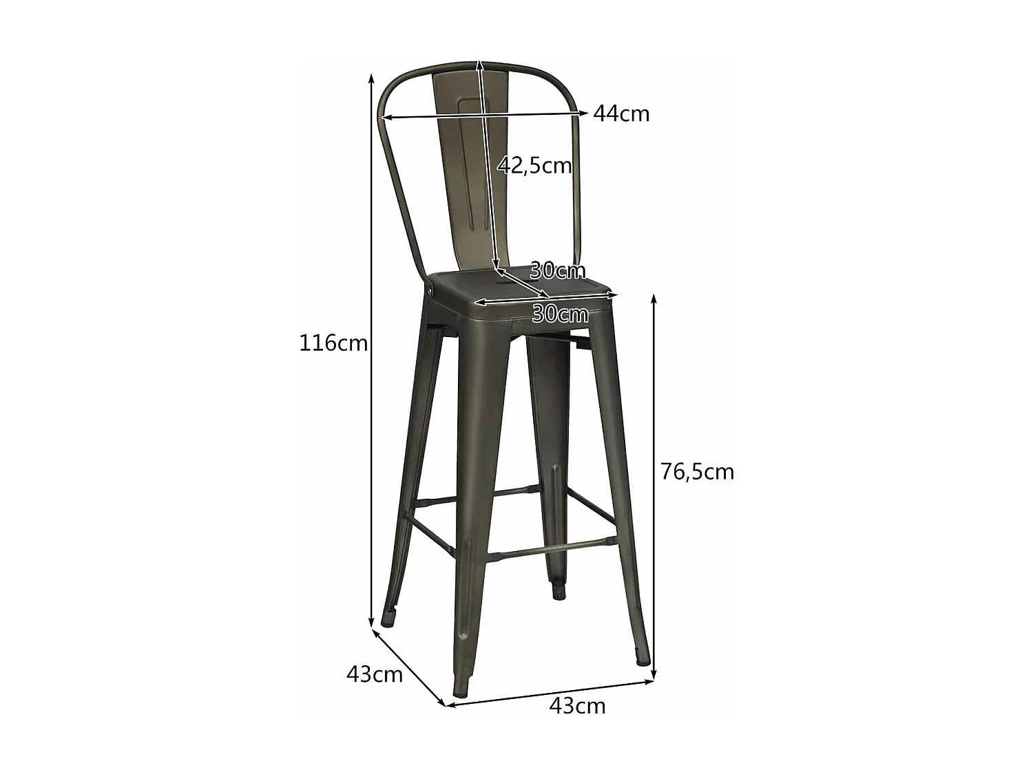 Lot 4 Tabourets de Bar Empilable en Métal avec Dossier Amovible, Hauteur d'Assise 76,5 CM, Pieds en Caoutchouc Antidérapants, Chaise de Bar Tolix pour Bistrot